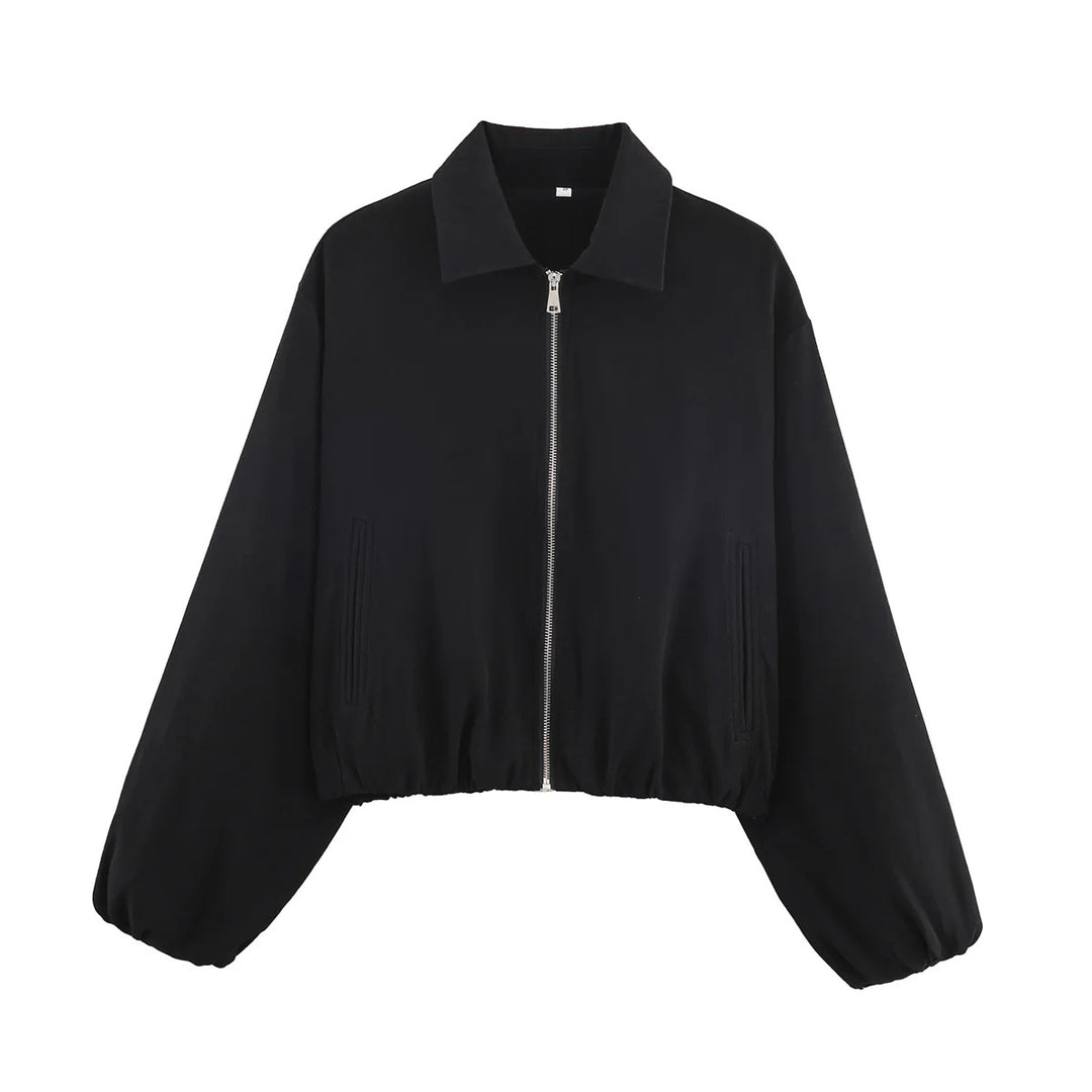 Damen nan cropped Blousonjacke mit Ballonärmeln elastischem Saum und Hemdkragen Drune