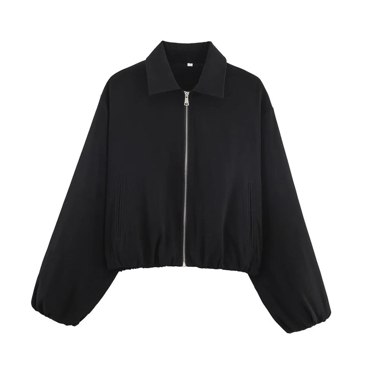 Damen nan cropped Blousonjacke mit Ballonärmeln elastischem Saum und Hemdkragen Drune
