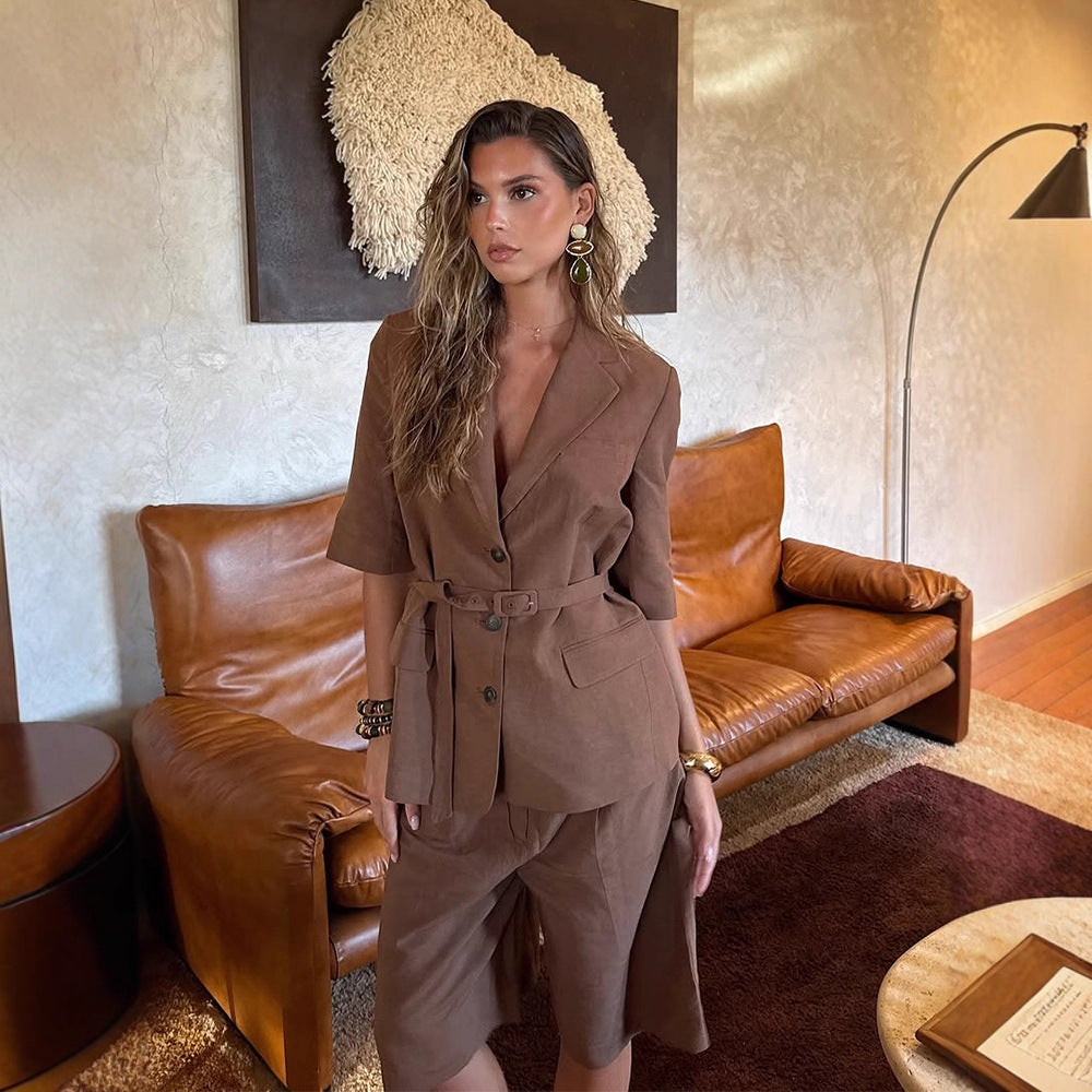 Damen Leinen-Mix taillierter Blazer mit Gürtel, 3/4-Ärmeln & Pattentaschen Drune