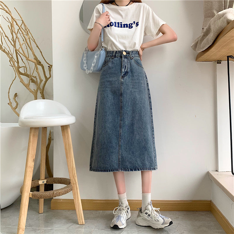 Damen Langer Jeansrock mit hohem Schnitt und dekorativen Nähten Drune