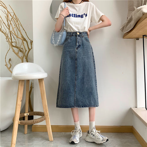 Damen Langer Jeansrock mit hohem Schnitt und dekorativen Nähten Drune