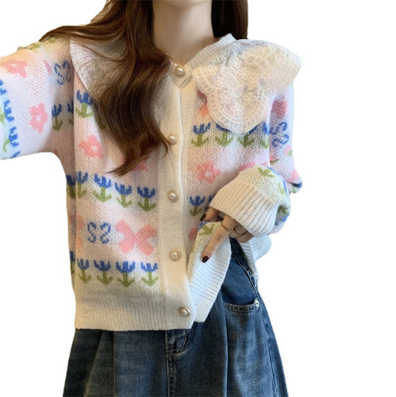 Damen modische Strickjacke mit Spitzenkragen und Floral-Design Drune