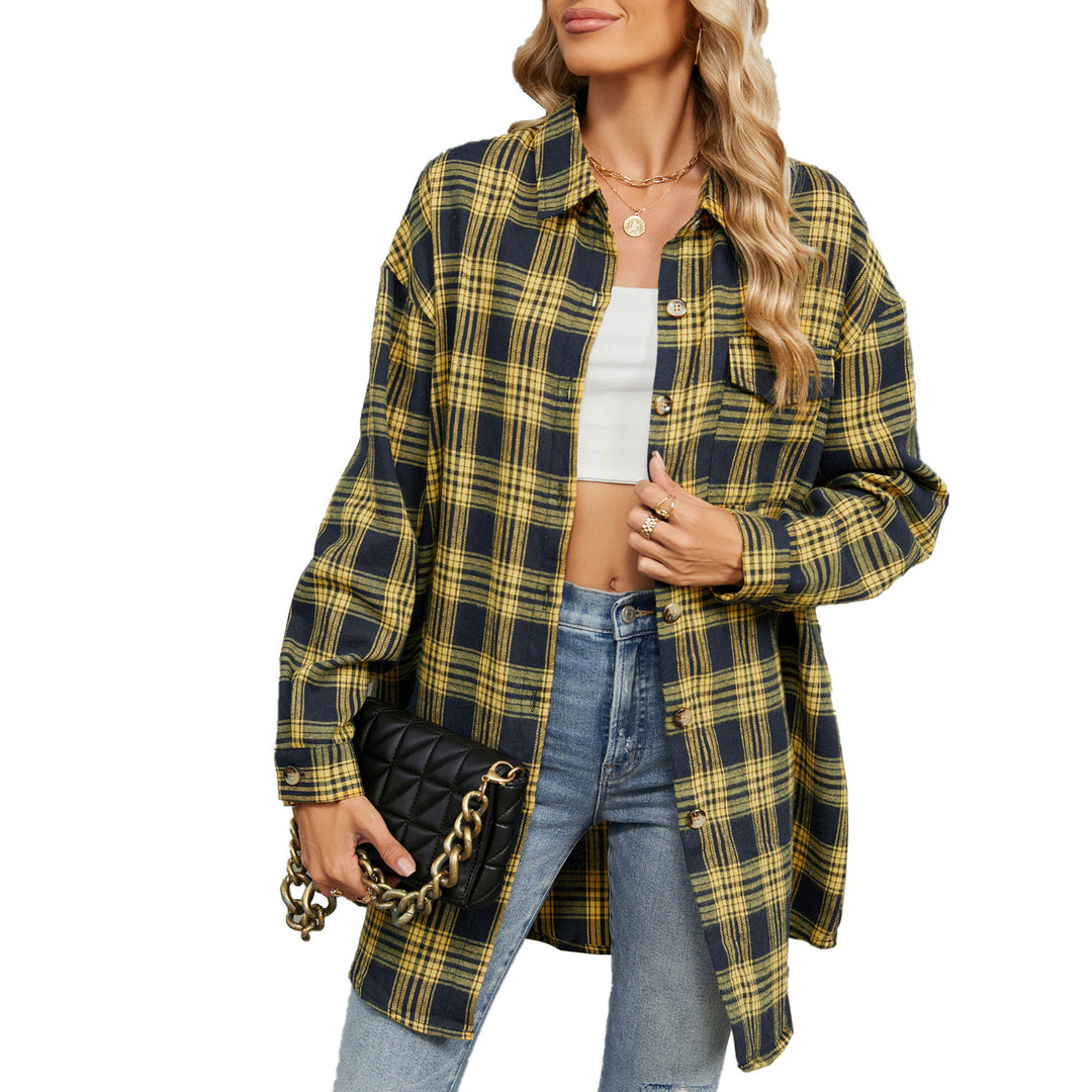 Damen Oversized Karobluse mit legerem Schnitt und Knopfdetails Drune
