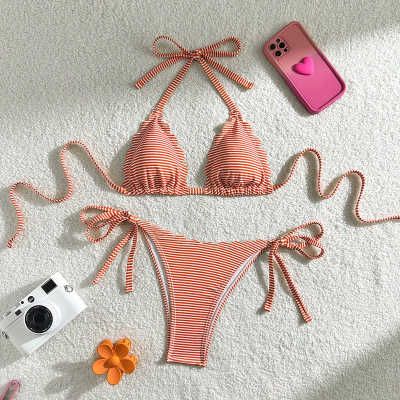 Damen Triangel-Bikini-Set mit verspieltem Rüschendesign und verstellbaren Bindebändern Drune