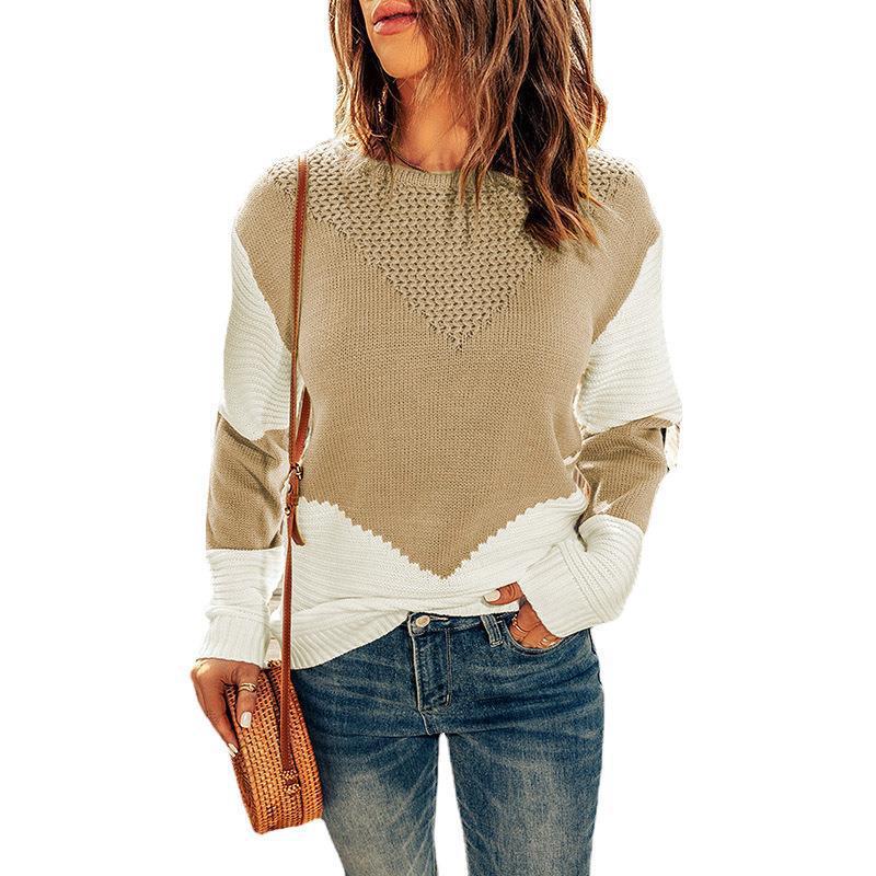 Damen Farbblock-Strickpullover mit strukturiertem Yoke und gerippten Ärmeln Drune