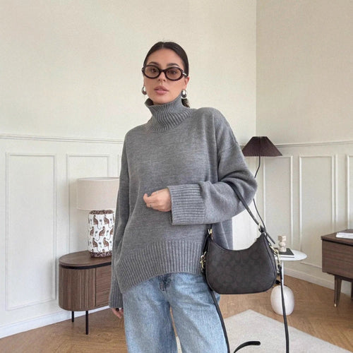 Damen Modischer Oversized Pullover mit hohem Kragen Drune