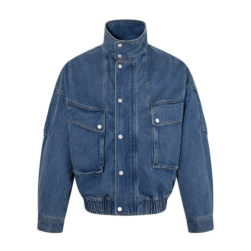 Damen Oversize-Jeansjacke mit Stehkragen, Druckknopfleiste und aufgesetzten Cargo-Taschen Drune