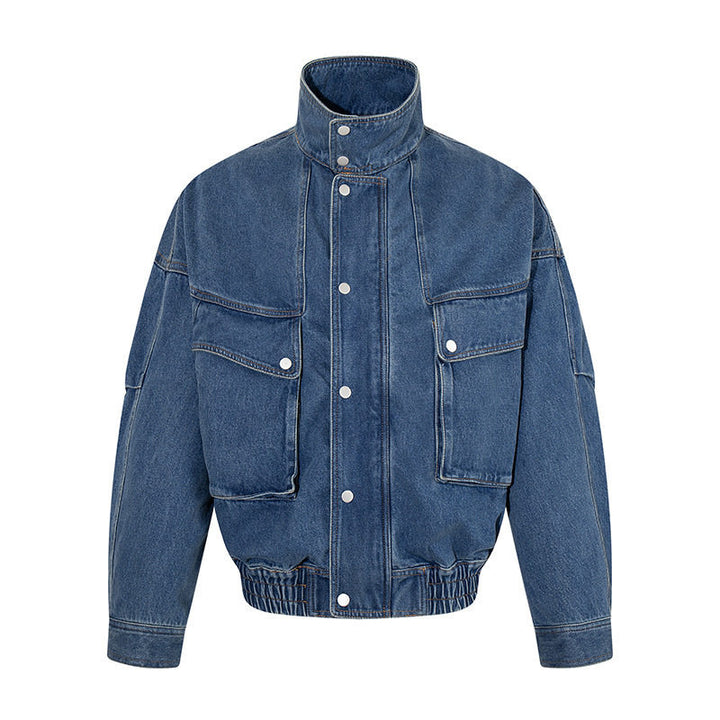 Damen Oversize-Jeansjacke mit Stehkragen, Druckknopfleiste und aufgesetzten Cargo-Taschen Drune