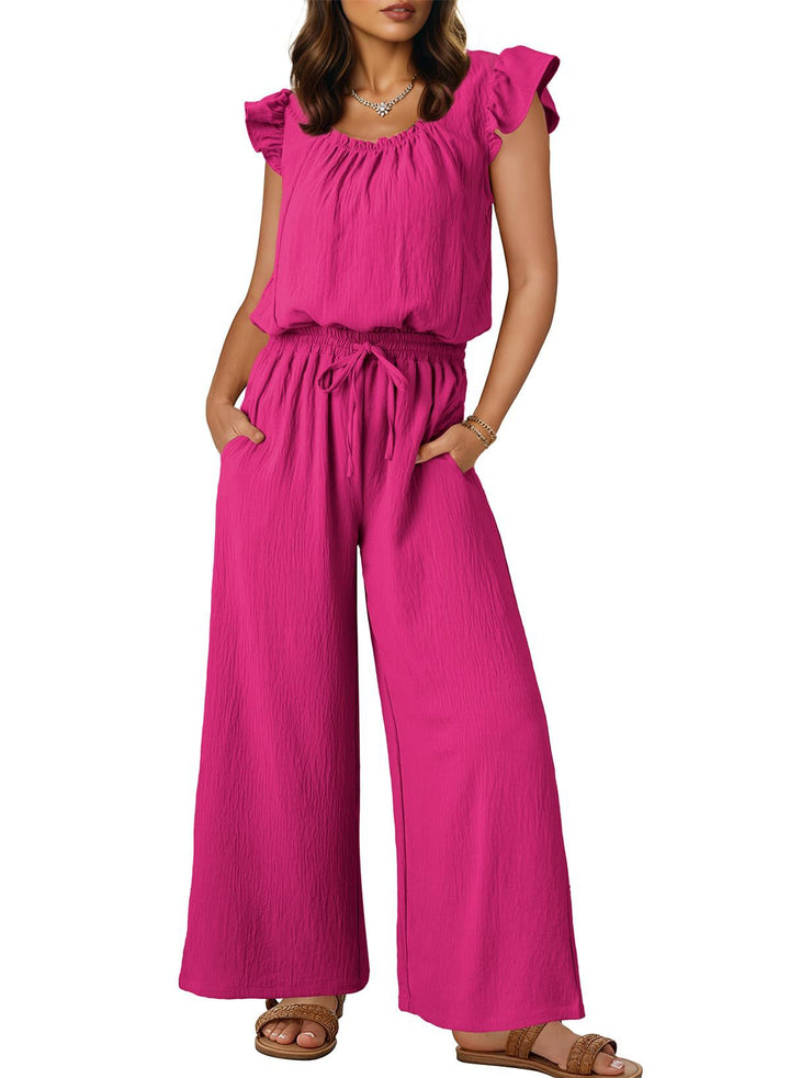 Damen Crinkle-Overall mit weitem Bein, elastischem Taillenbund und Rüschenärmeln Drune