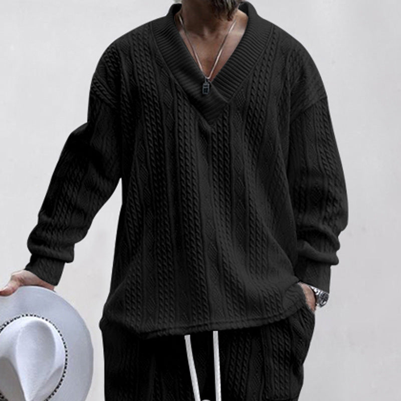 Herren Oversize-Zopfmuster-Pullover mit tiefem V-Ausschnitt Drune