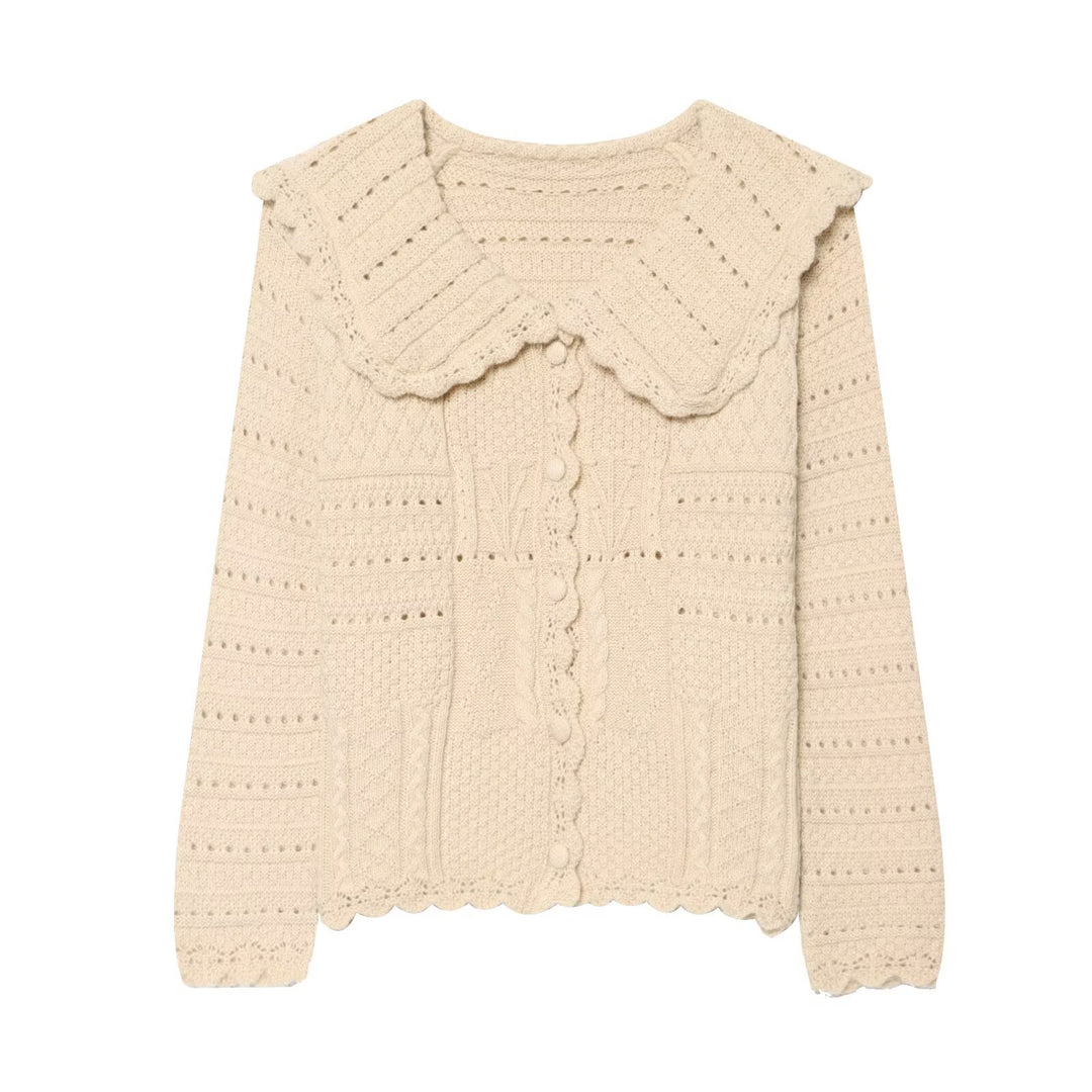 Damen Strickcardigan mit großem scallop-Kragen, Strukturmuster und Zierknopfleiste Drune