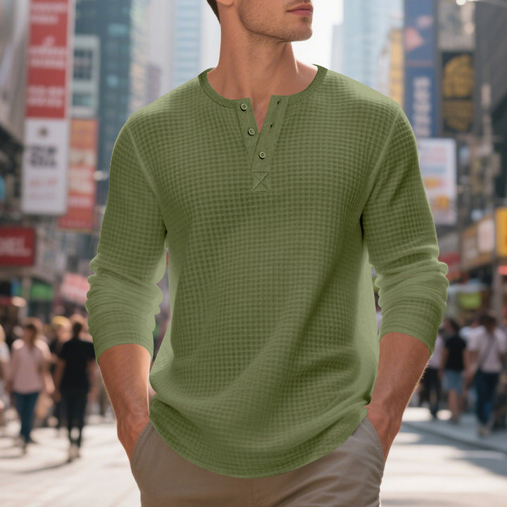 Herren nan thermoregulierendes Waffel-Thermalshirt mit Kurzknopfleiste und gerundetem Saum Drune