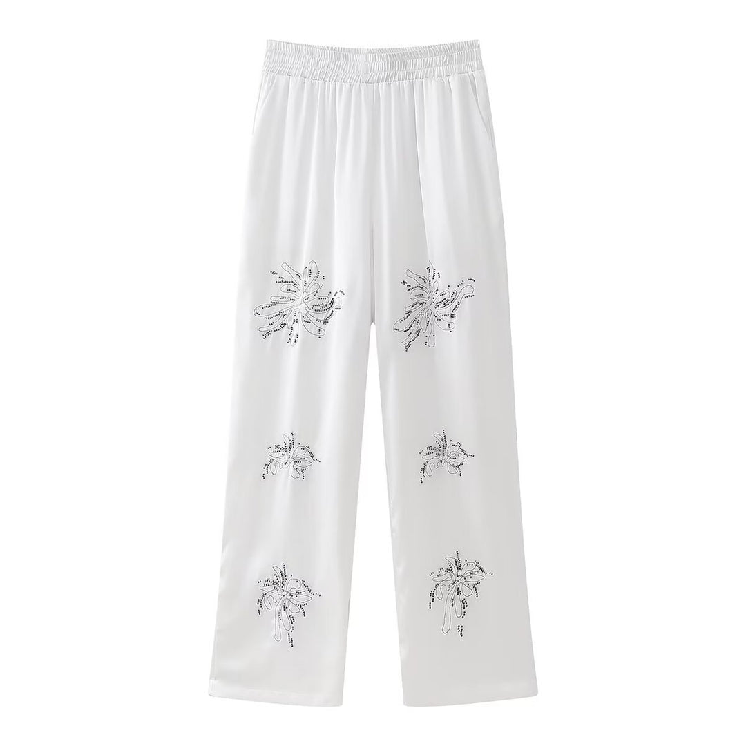 Damen Elegante Satinhose im Palazzo‑Schnitt mit elastischem Umschlagbund und floraler Zierstickerei Drune