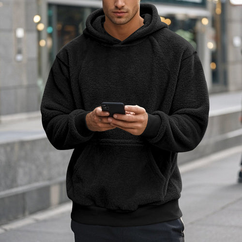 Herren Sherpa-Kapuzenpullover im Teddy-Fleece mit Kängurutasche und Rippbündchen Drune