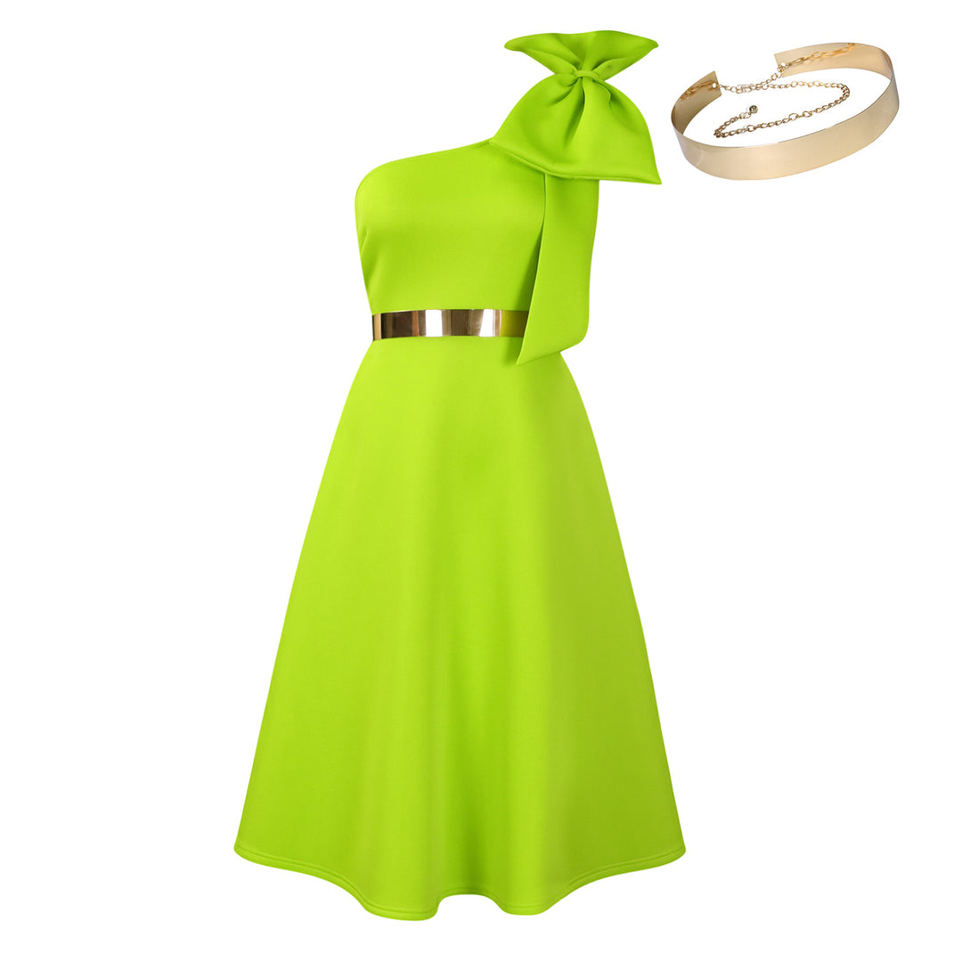 Damen schulterfreies Kleid mit stilvollem Halstuch und goldener Akzent Drune