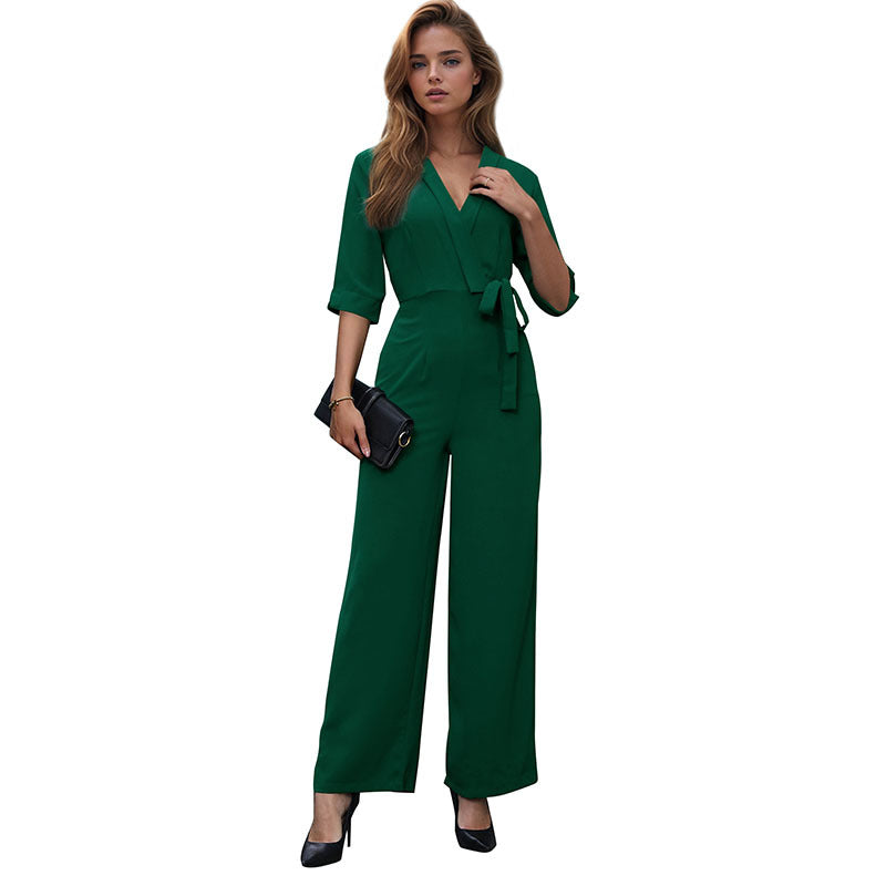 Damen Eleganter V‑Ausschnitt Jumpsuit mit Taillenband und Palazzo‑Bein Drune