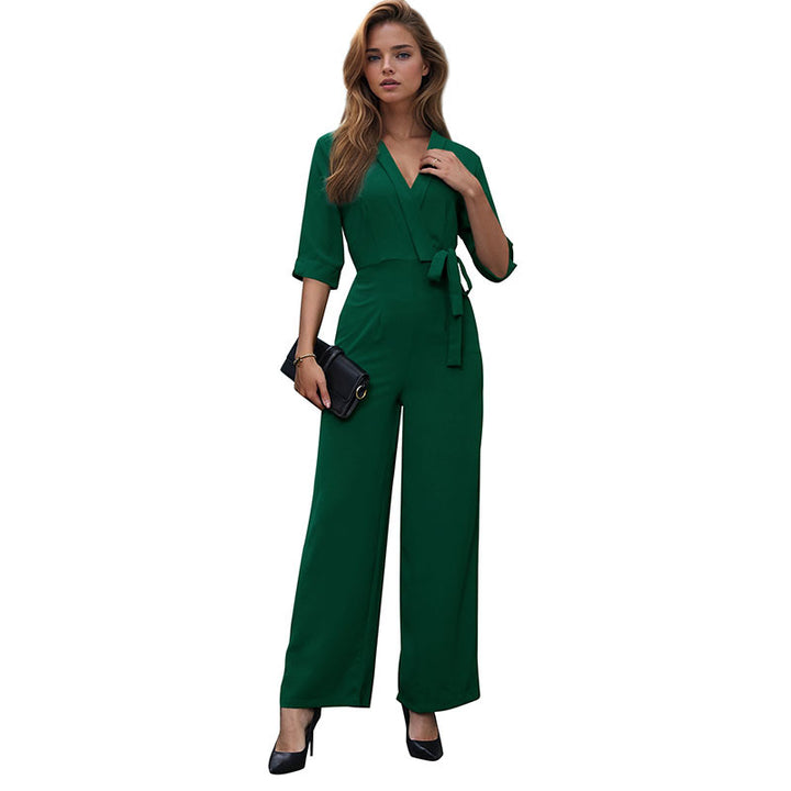 Damen Eleganter V‑Ausschnitt Jumpsuit mit Taillenband und Palazzo‑Bein Drune