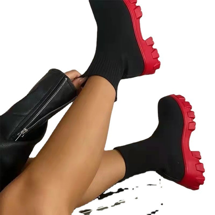 Damen Sock-Ankle-Boots mit grobem Offroad-Profil und elastischem Strickschaft Drune