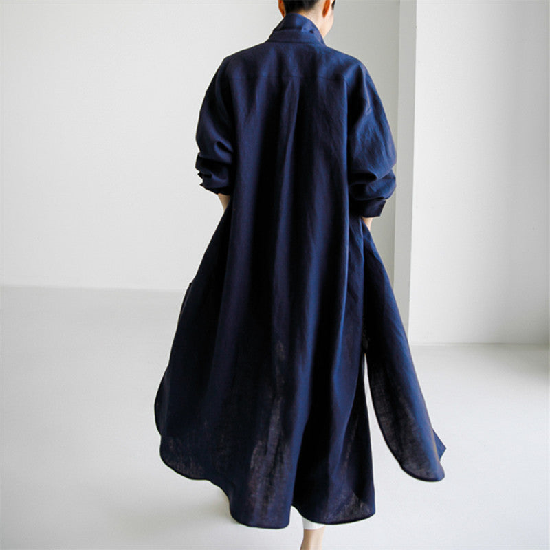 Damen Langes Leinen‑Hemdkleid mit kastiger Oversize‑Silhouette und Seitenschlitzen Drune