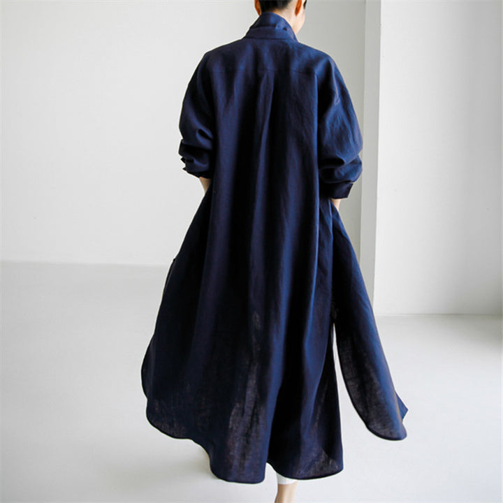 Damen Langes Leinen‑Hemdkleid mit kastiger Oversize‑Silhouette und Seitenschlitzen Drune