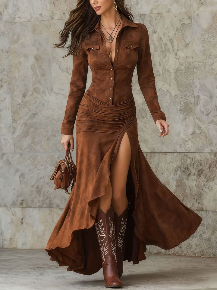 Damen Langes Hemdkleid im Wildleder‑Look mit Raffung, asymmetrischem Volant‑Saum und hohem Beinschlitz Drune