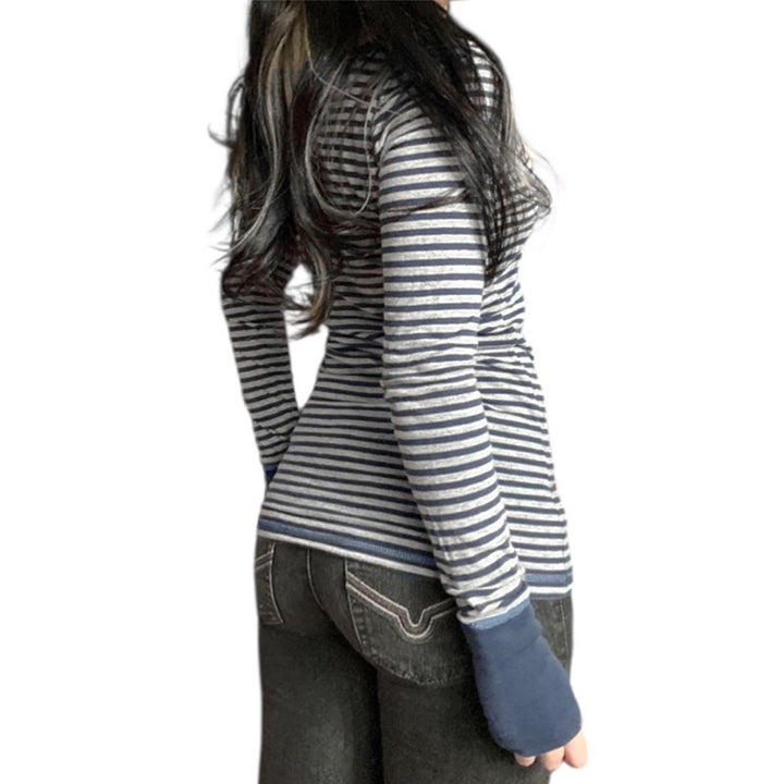 Damen nan gestreiftes V‑Ausschnitt Longsleeve mit taillierter Silhouette und verlängerten Bündchen Drune