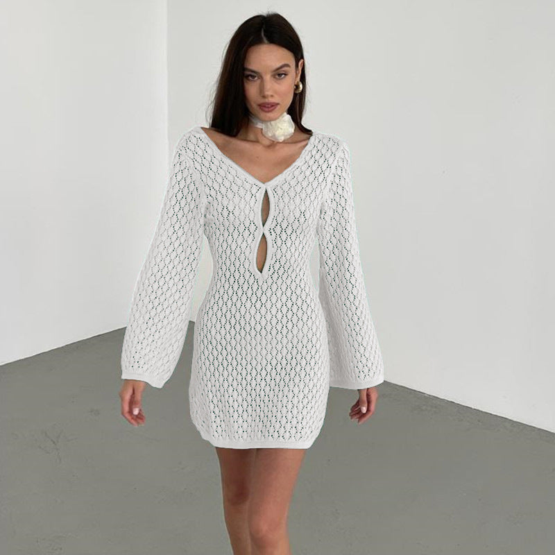 Damen elegantes Häkelkleid mit tiefem Ausschnitt Drune