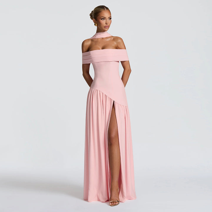 Damen Abendkleid mit schickem Schulterfreies Design und hohem Schlitz Drune