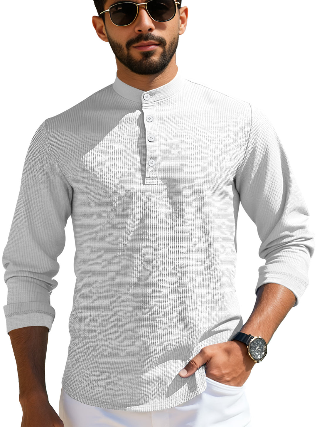 Herren nan strukturiertes Langarm-Henley mit Nehru-Kragen und Ton-in-Ton-Knopfleiste Drune