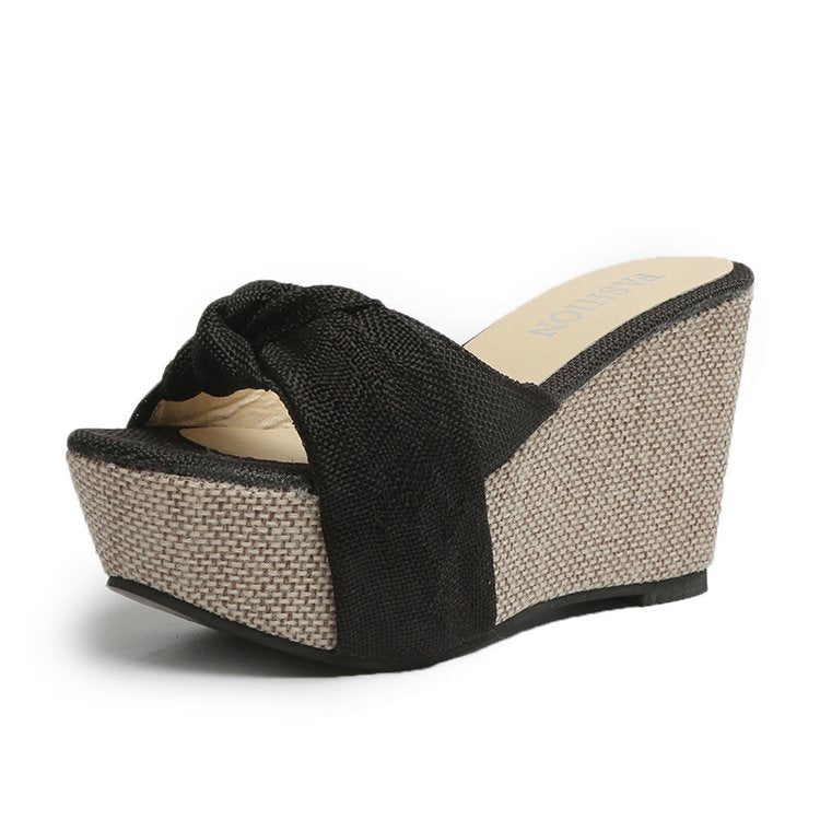 Damen nan Keil-Pantolette mit hohem Bast-Plateau und gedrehtem Textilriemen Drune