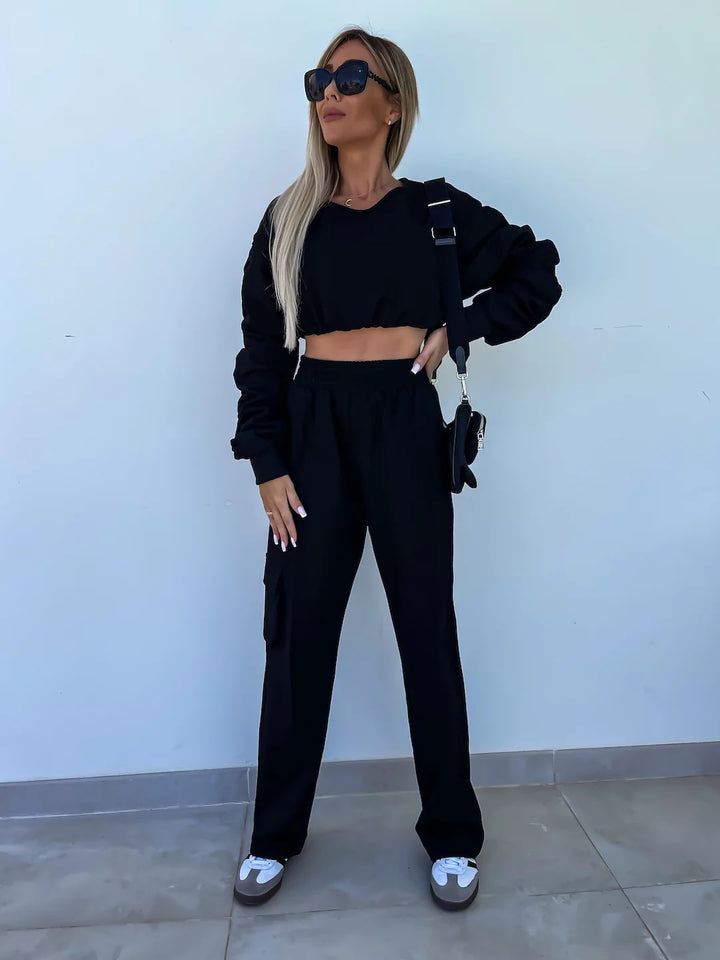 Damen lässiges Set mit cropped Oberteil und weit geschnittener Hose Drune