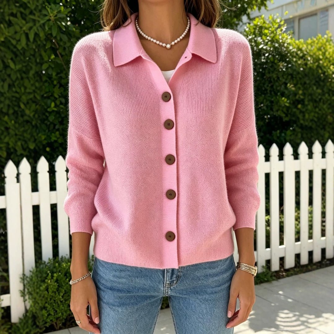 Damen Feinstrick-Cardigan mit Hemdkragen, entspannter Silhouette und Holzknöpfen Drune