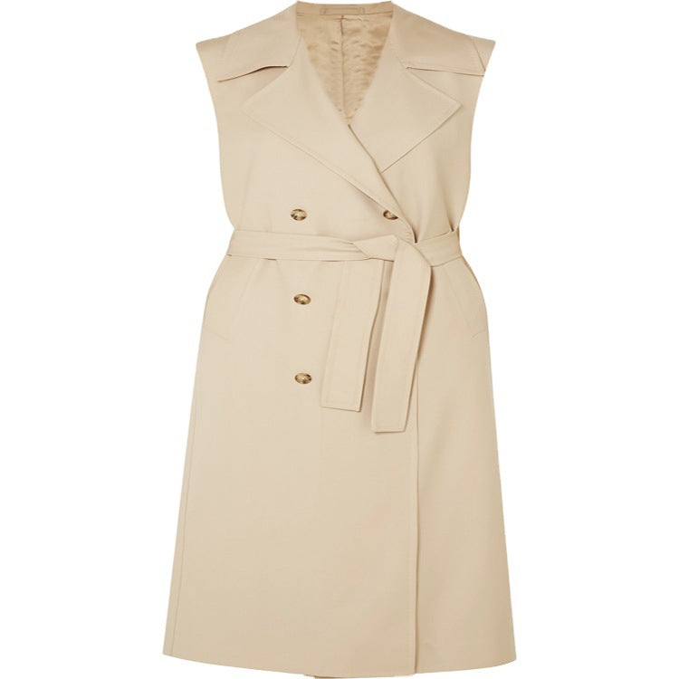 Damen ärmelloser Wickel-Trenchcoat aus Baumwollmix mit doppelreihiger Knopfleiste und Taillengürtel Drune