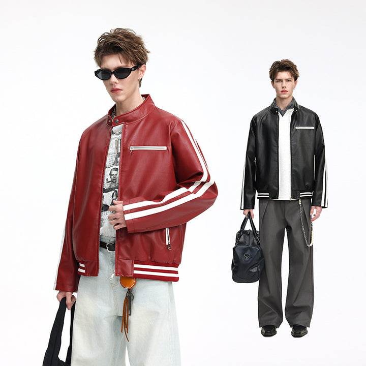 Herren Lederimitat-Collegejacke mit Kontraststreifen, Reißverschlusstaschen und Stehkragen Drune