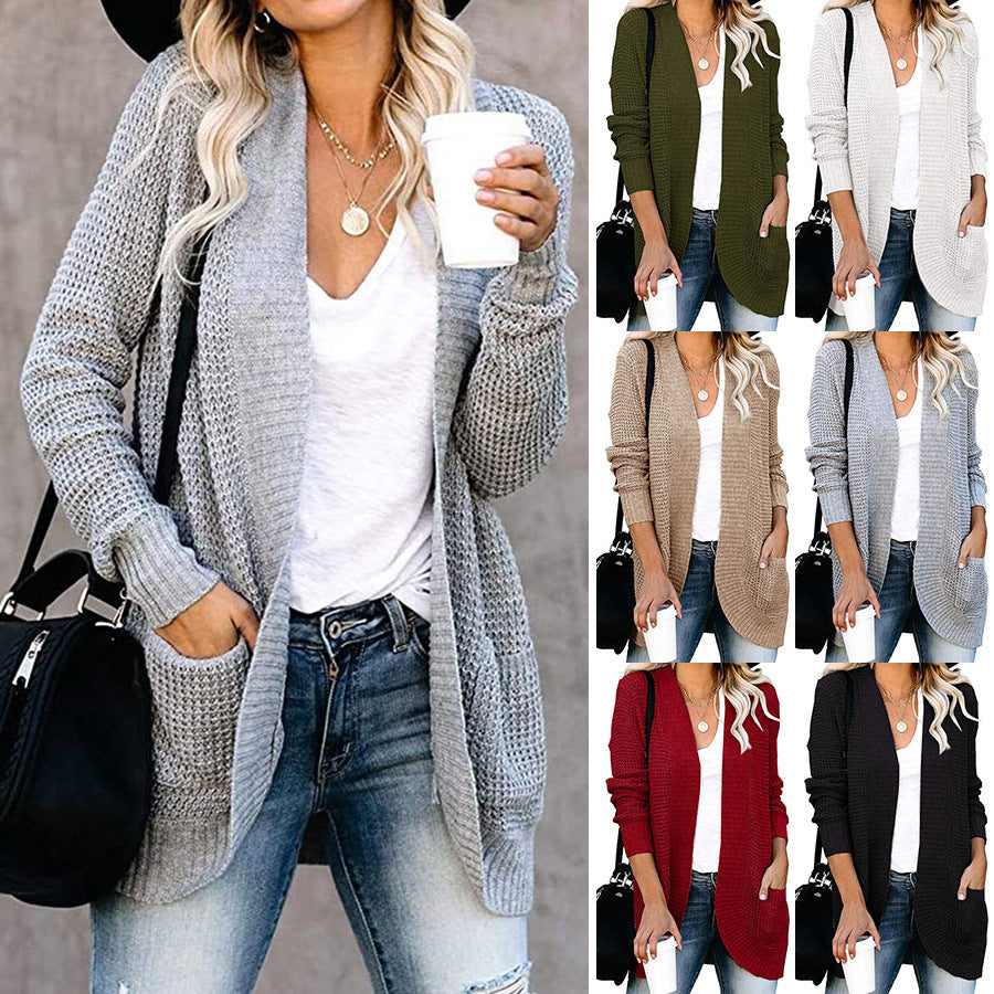 Damen lässiger Strickcardigan mit offenen Fronten und großen Taschen Drune