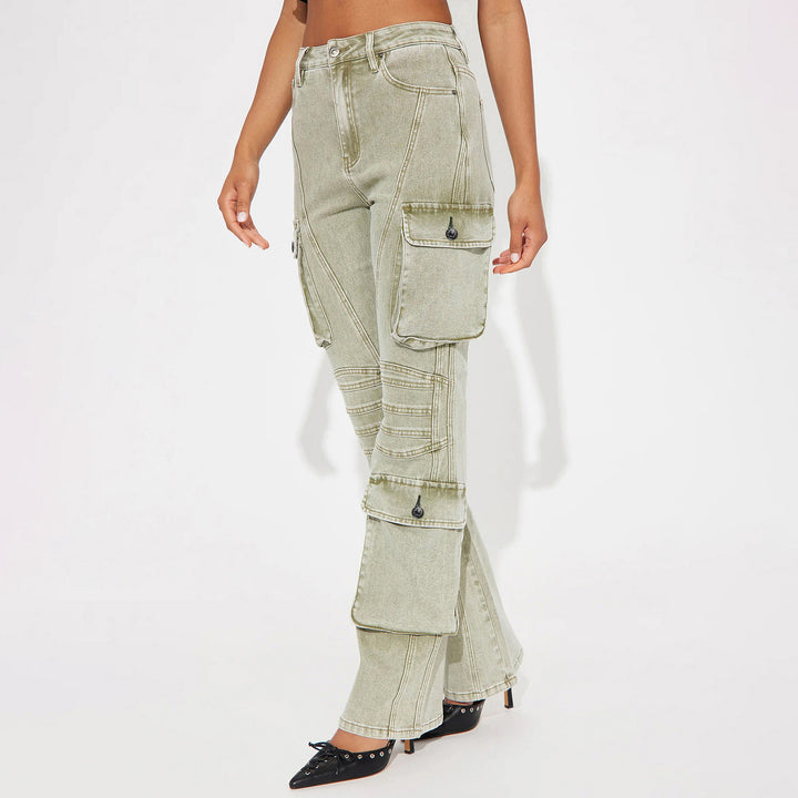 Damen High-Waist Cargo-Denimhose mit weitem Bein, Mehrfachtaschen und Used‑Details Drune