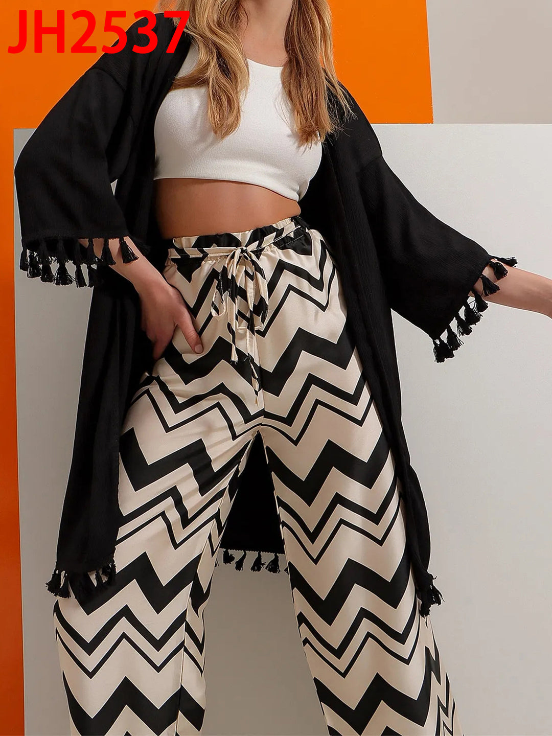 Damen Weite Satin-Hose mit Zickzack-Print, hohem elastischem Bund und Bindegürtel Drune