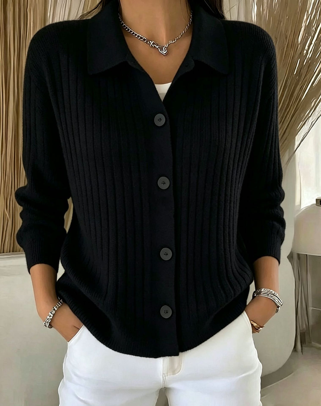 Damen Feiner gerippter Knopf‑Cardigan mit Hemdkragen und kastiger Silhouette Drune