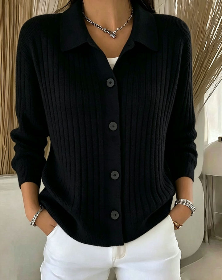 Damen Feiner gerippter Knopf‑Cardigan mit Hemdkragen und kastiger Silhouette Drune
