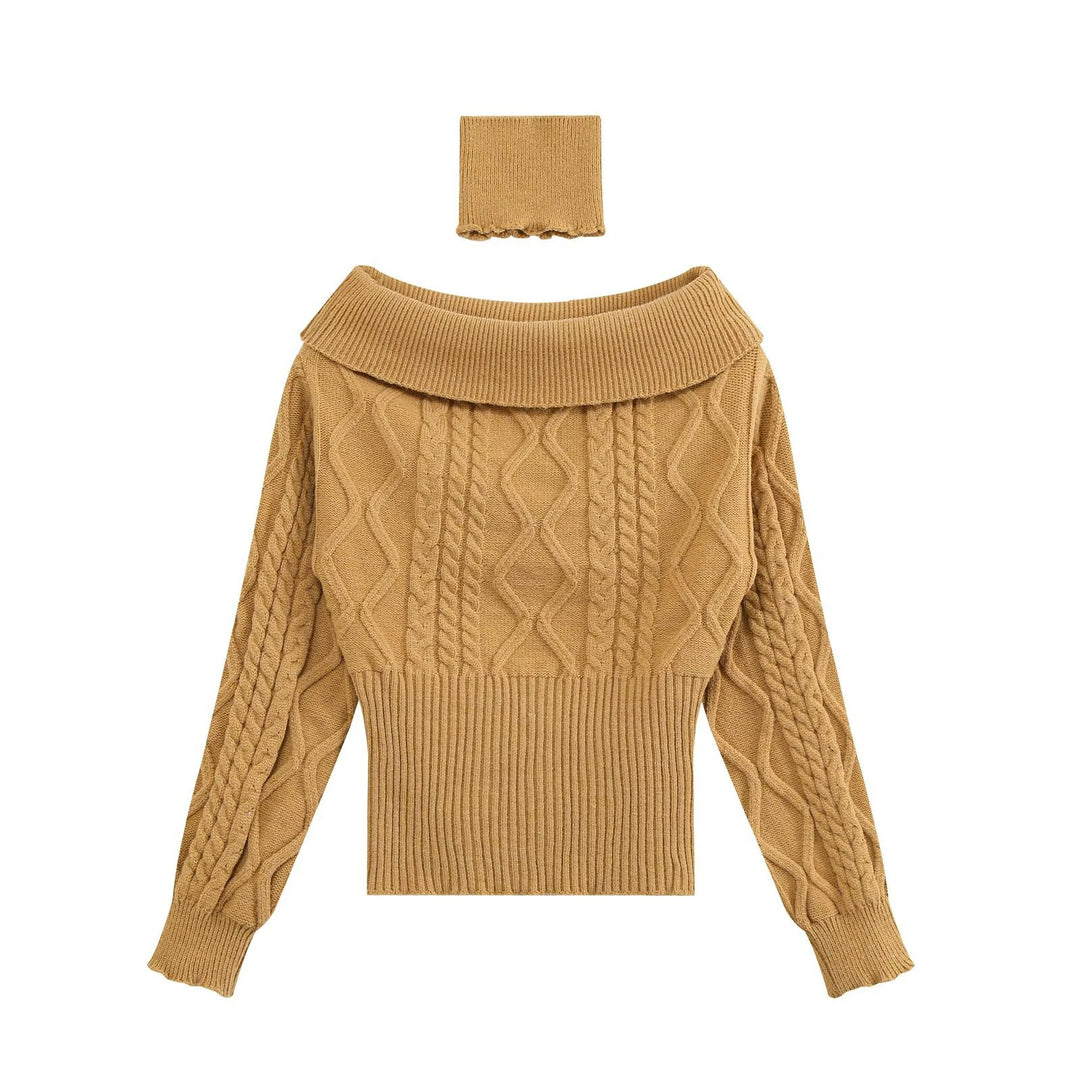 Damen Schulterfreier Zopfmuster-Pullover mit weitem Umschlagkragen Drune