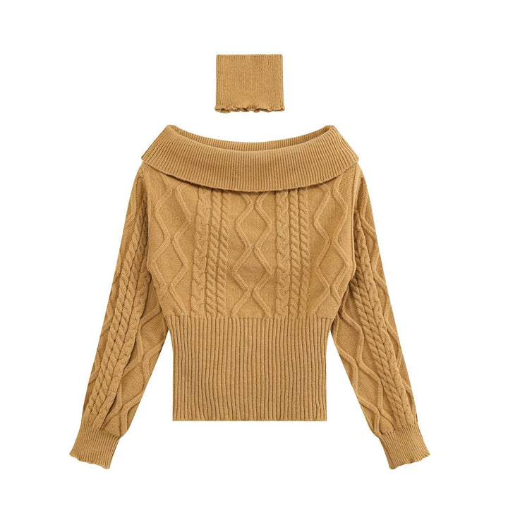 Damen Schulterfreier Zopfmuster-Pullover mit weitem Umschlagkragen Drune