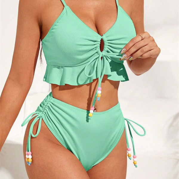 Damen Zweiteiliges Bikiniset mit gerafftem Oberteil und dekorativen Zierbändern Drune