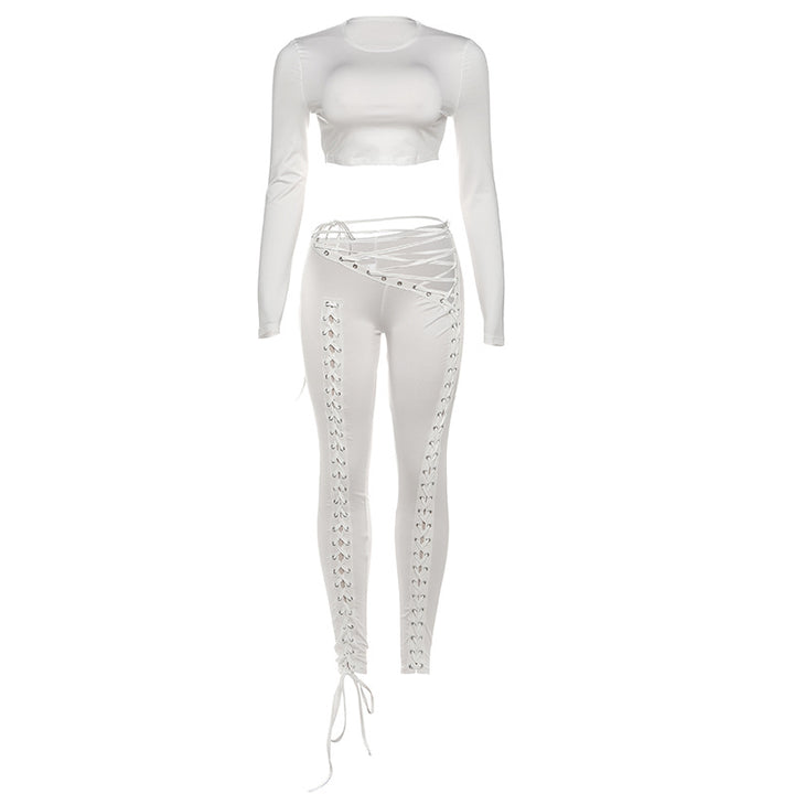 Damen Crop-Top und Hoch geschnittene Leggings mit Schnürdetails Drune