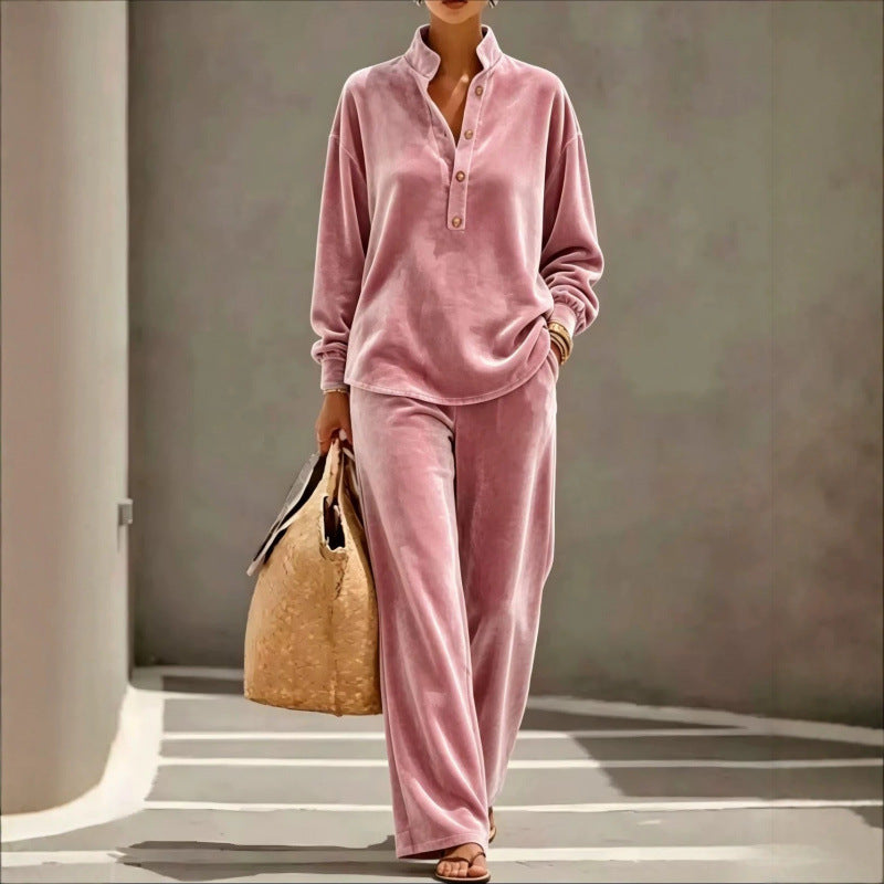Damen Velours-Loungewear-Set mit Stehkragen-Henleytop und weiter Palazzohose Drune