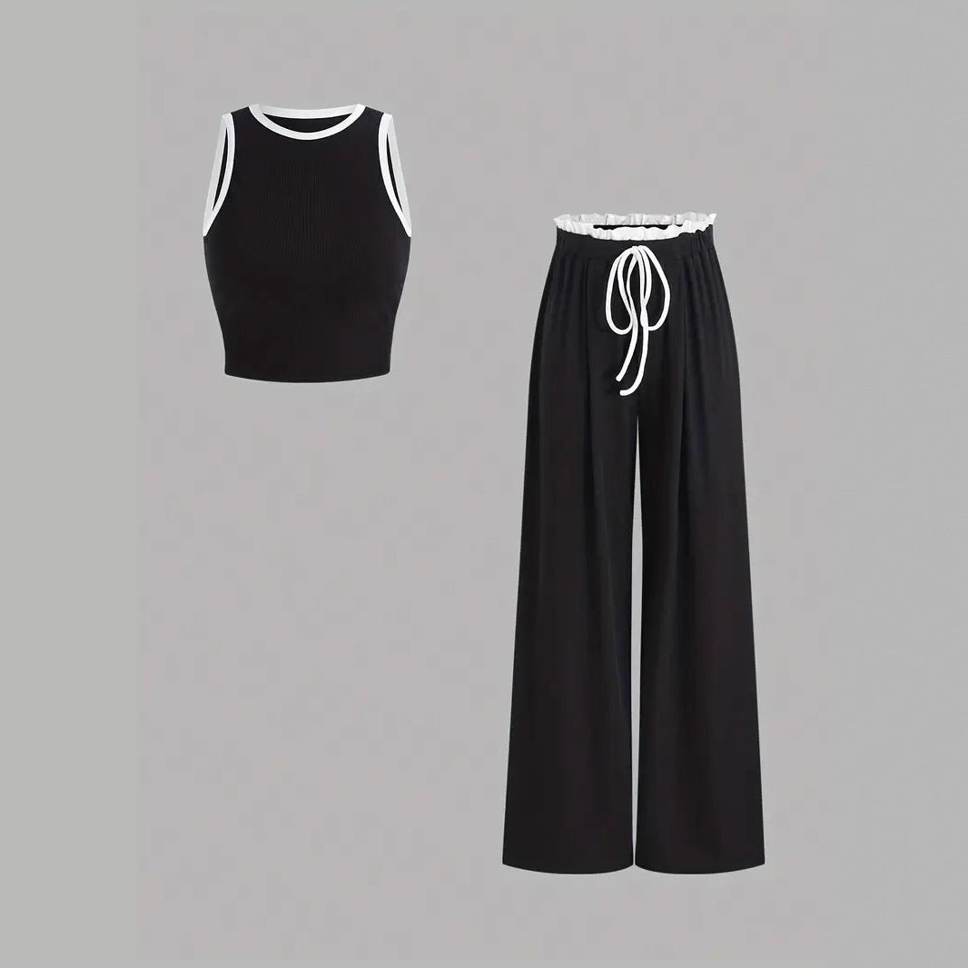 Damen stylishes Sport-Set mit hoch taillierter Weitbein-Hose und sportlichem Bustier Drune