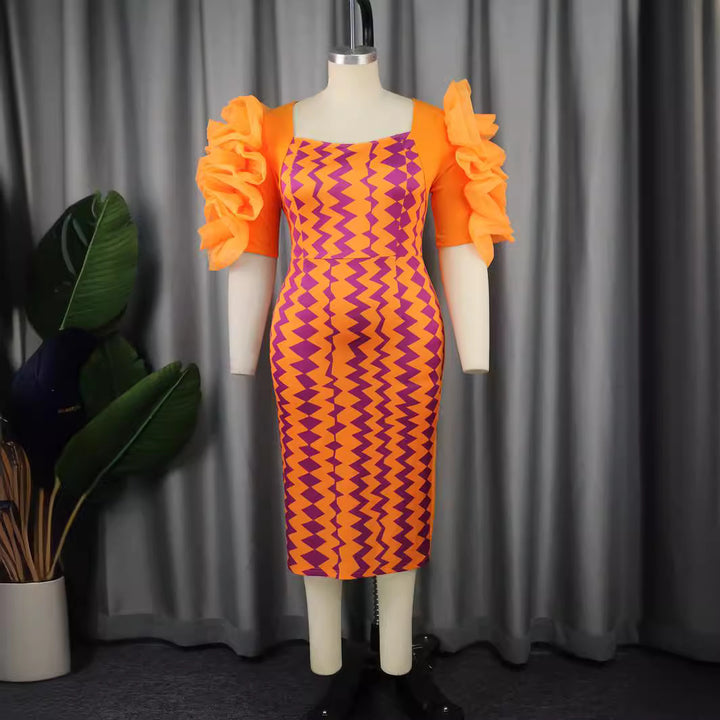 Damen figurbetontes Kleid mit auffälligen Rüschenärmeln und geometrischem Muster Drune