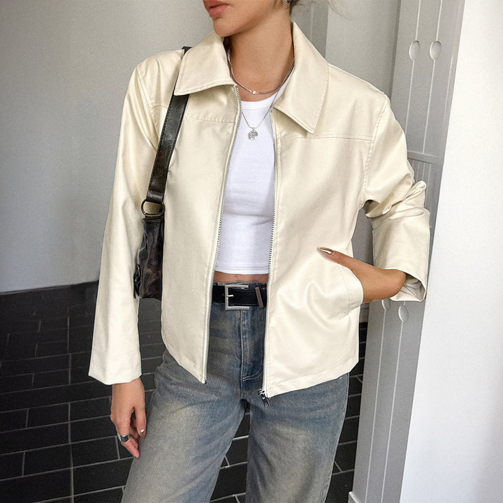 Damen nan elegante Kunstlederjacke mit Reißverschluss, Hemdkragen und Eingrifftaschen Drune