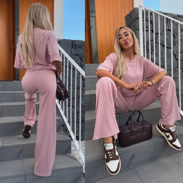 Damen Feines Rippstrick‑Zweiteiler mit Relaxed‑Crewneck und ausgestellter Palazzo‑Hose Drune