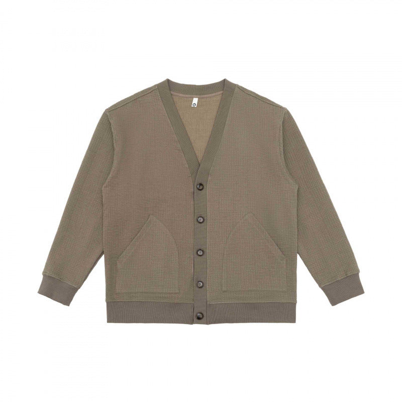 Unisex Oversize Waffelstrick-Cardigan mit V-Ausschnitt, Knopfleiste und aufgesetzten Taschen Drune