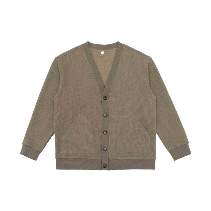 Unisex Oversize Waffelstrick-Cardigan mit V-Ausschnitt, Knopfleiste und aufgesetzten Taschen Drune